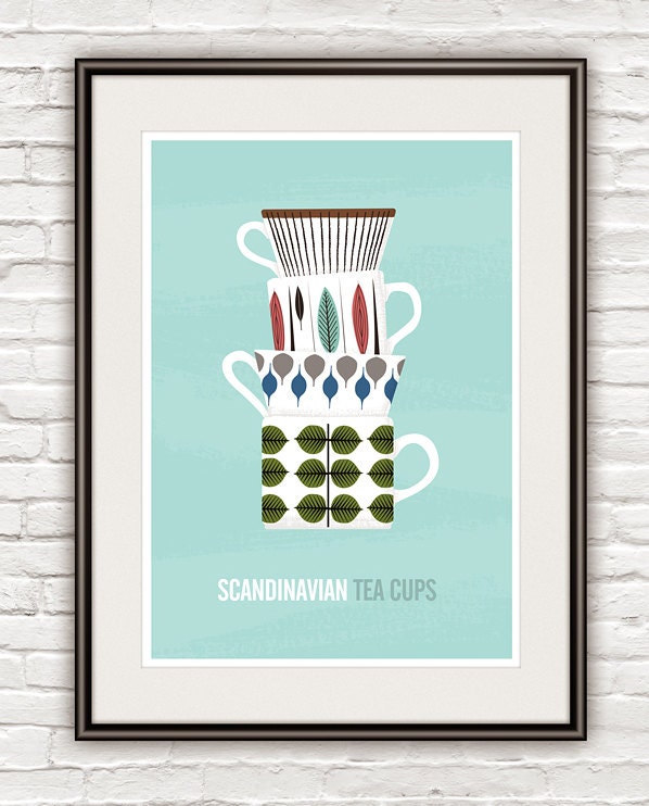 Kitchen art print, scandinavian design, Stig Lindberg, Tea print, Mid Century Modern poster  - Tea Cups  A3