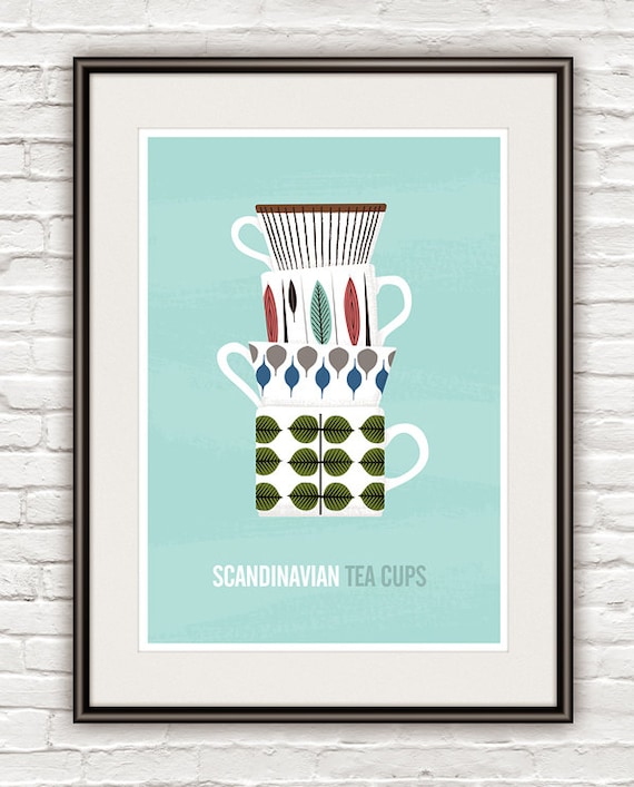 Kitchen art print, scandinavian design, Stig Lindberg, Tea print, Mid Century Modern poster  - Tea Cups  A3