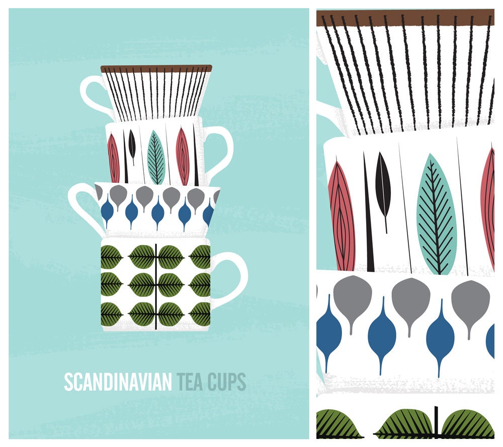 Kitchen art print, scandinavian design, Stig Lindberg, Tea print, Mid Century Modern poster - Tea Cups A3