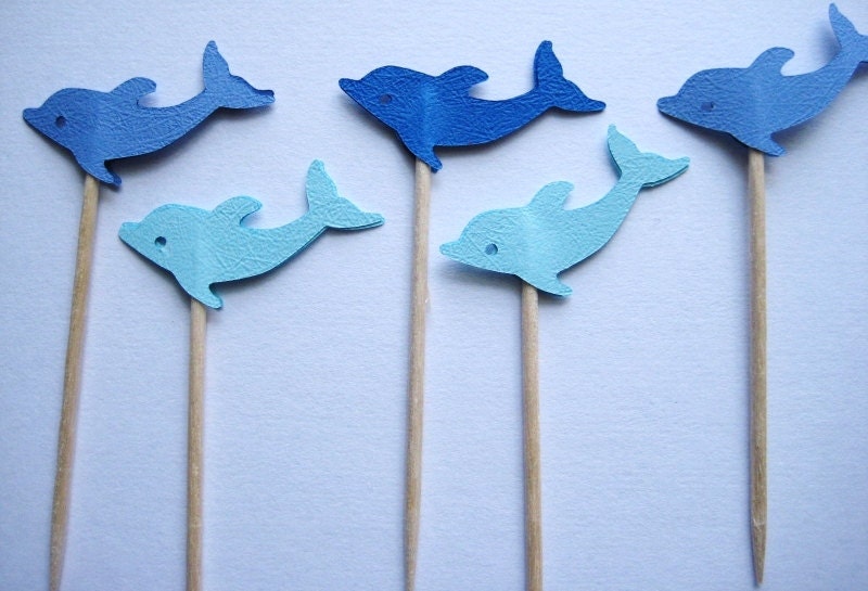 24 Mixed Blue Dolphin Party Picks - Cupcake Toppers - Toothpicks - Food Picks - die cut punch FP294