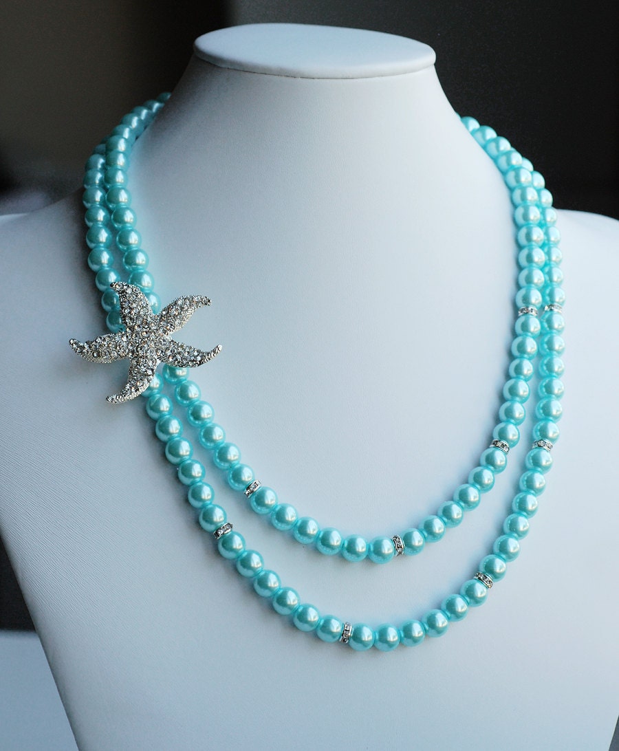 Bridal Pearl Rhinestone Necklace Crystal Beach Wedding Jewelry STARFISH Something Blue Teal Turquoise Tiffany Aqua Blue NK045LX