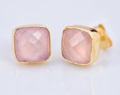 October Birthstone Jewelry- Stud Earrings - Cushion Cut Pink Chalcedony Stud Post Earrings - Gold Stud Gemstone Earrings