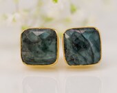 Stud Earrings - Cushion Cut Raw Emerald Stud Post Earrings - Gold Stud Gemstone Earrings - May Birthstone Earrings