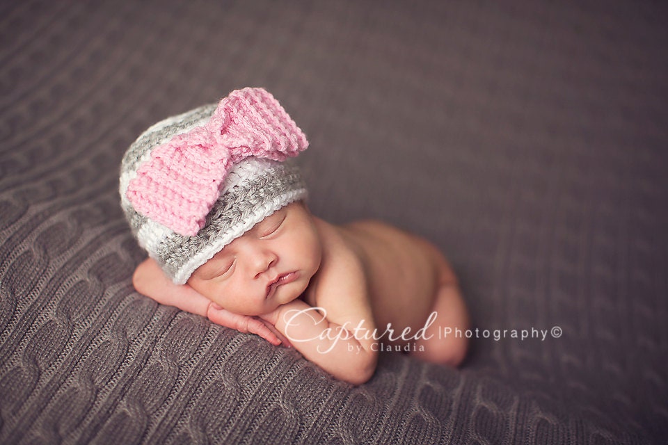 Baby Hat- Baby Girl Hat- White and Grey Striped Crocheted Beanie with Light Pink Bow