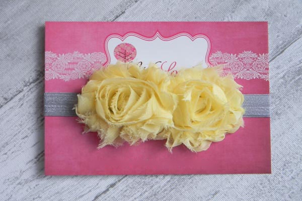 Baby Flower Headband- Double Yellow Shabby Frayed Flower on Soft Light Grey Elastic Headband