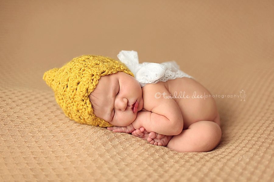 Baby Hat- Newborn Hat- Mustard Yellow Bonnet with Cream Lace