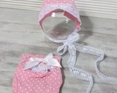 Cute upcycled girls photo prop hat and diaper cover in pink and white lace, newborn photography props