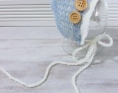 Newborn boys photo prop hat, blue knit and wood buttons newborn photography props