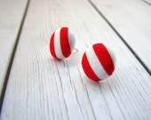 Button earrings, stud earrings, covered fabric button earrings, post earrings, stripes red and white earrings