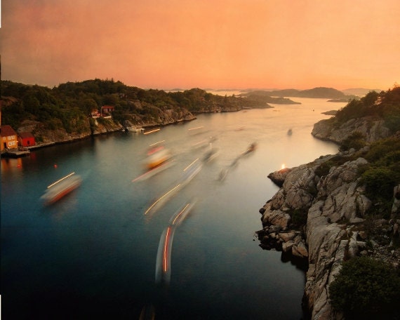 Dreamy landscape, sea picture, fjord photo, Sankthans in Norway, night photo with bonfire and boats, 8x10 photograph