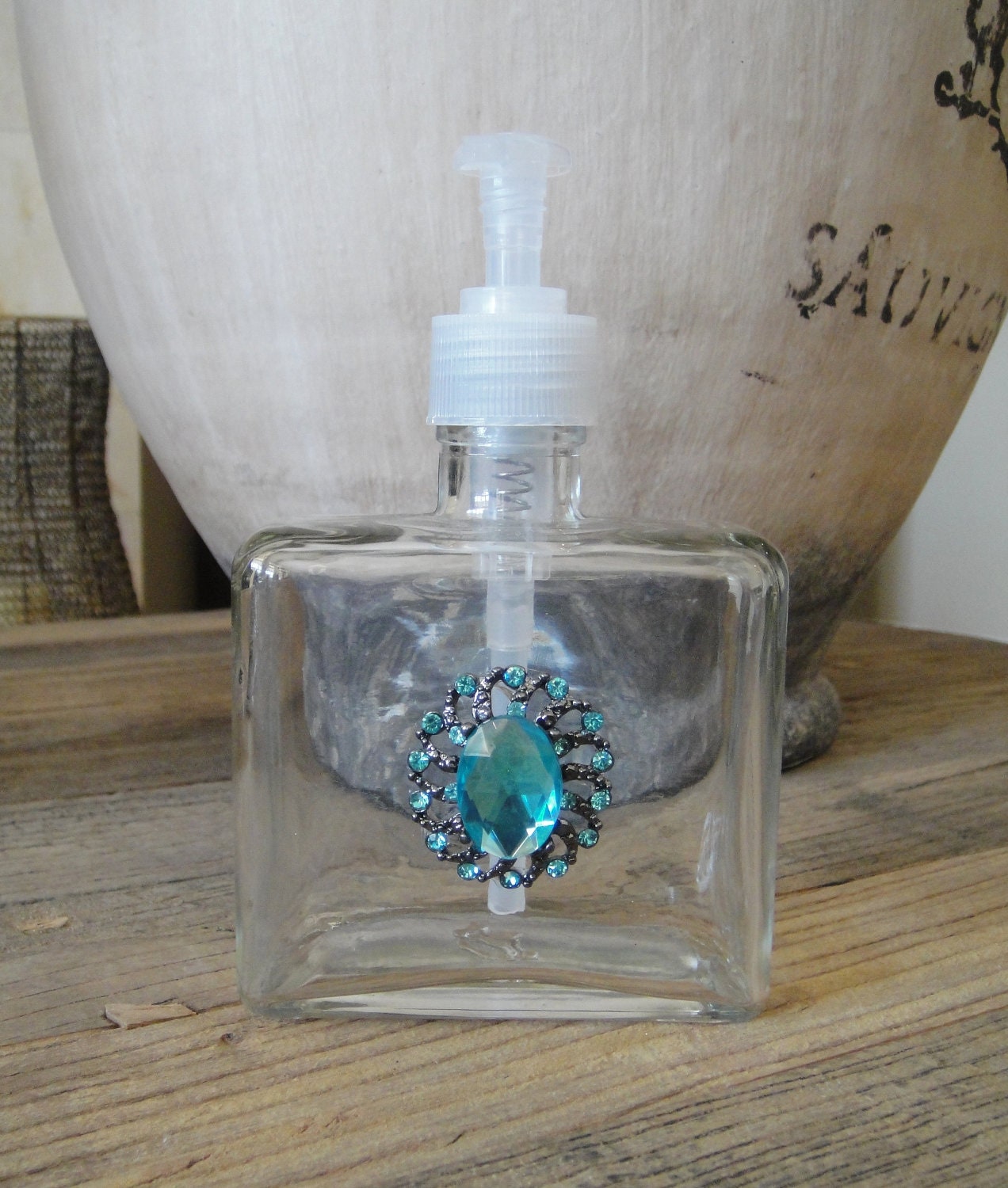 Glass Soap Dispenser with Aqua Embellishment