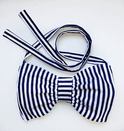 Navy and White Striped Lycra Swim Fabric Bow Bandeau