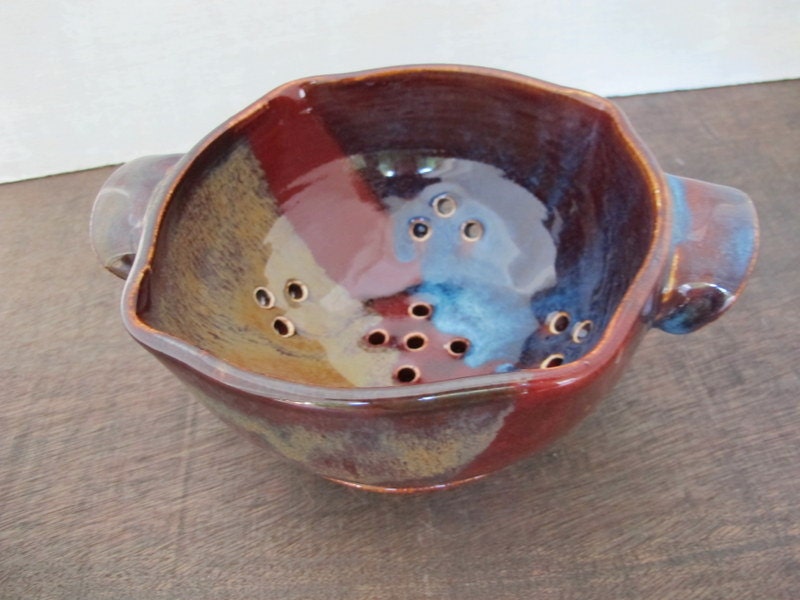 Ceramic Berry Bowl // Handmade Pottery Colander // Trio of Colors - Red, Brown and Blue