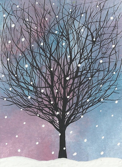 Original ACEO, Artist Trading Card, ATC. Snow Storm 2, Winter, Christmas Tree