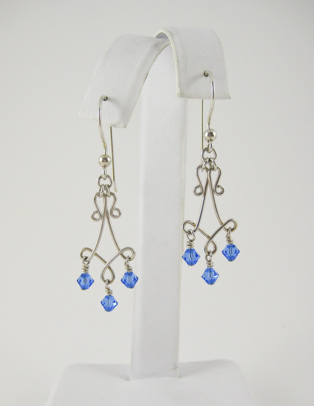 Wire Wrapped Chandelier Earrings - Silver with Blue Crystals