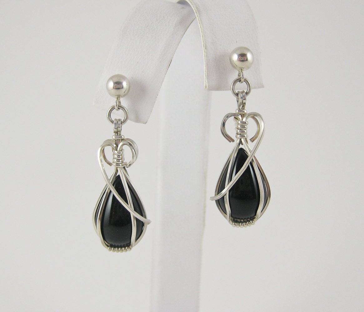 Wire Wrapped Earrings - Black Onyx Teardrops