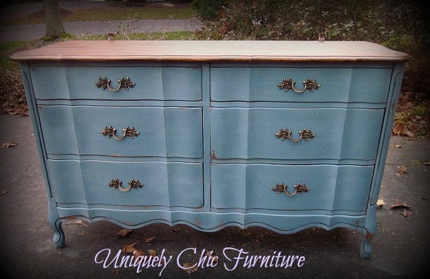 French Provincial Deep Blue Dresser and Mirror