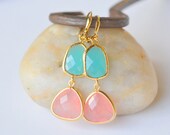 Coral Pink Teardrop and Turquoise Stone Dangle Earrings in Gold.  Framed Glass Earrings. Drop Earrings. Turquoise Dangle Earrings.
