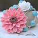 Large Coral Flower and White Rose and Turquoise Beaded Asymmetrical Statement Necklace - Bold Summer Fashion Chunky Statement Necklace