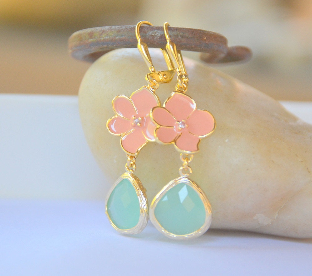 Gold Dangle Earrings with Coral Orange Flower and Aqua Teardrop. Dangle Earrings in Gold. Fashion Earrings.