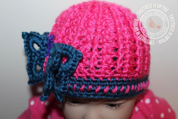 Baby Girl Hat - Butterfly Hat - Blue - Hot Pink - Cloche - 0 to 3 months - Photo Prop - READY TO SHIP
