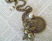Honey Bee Necklace, Bee Clock  Swarovski Pearl Antique Gold Charm Necklace, Vintage Inspired Honey Bee & Clock Charm Necklace