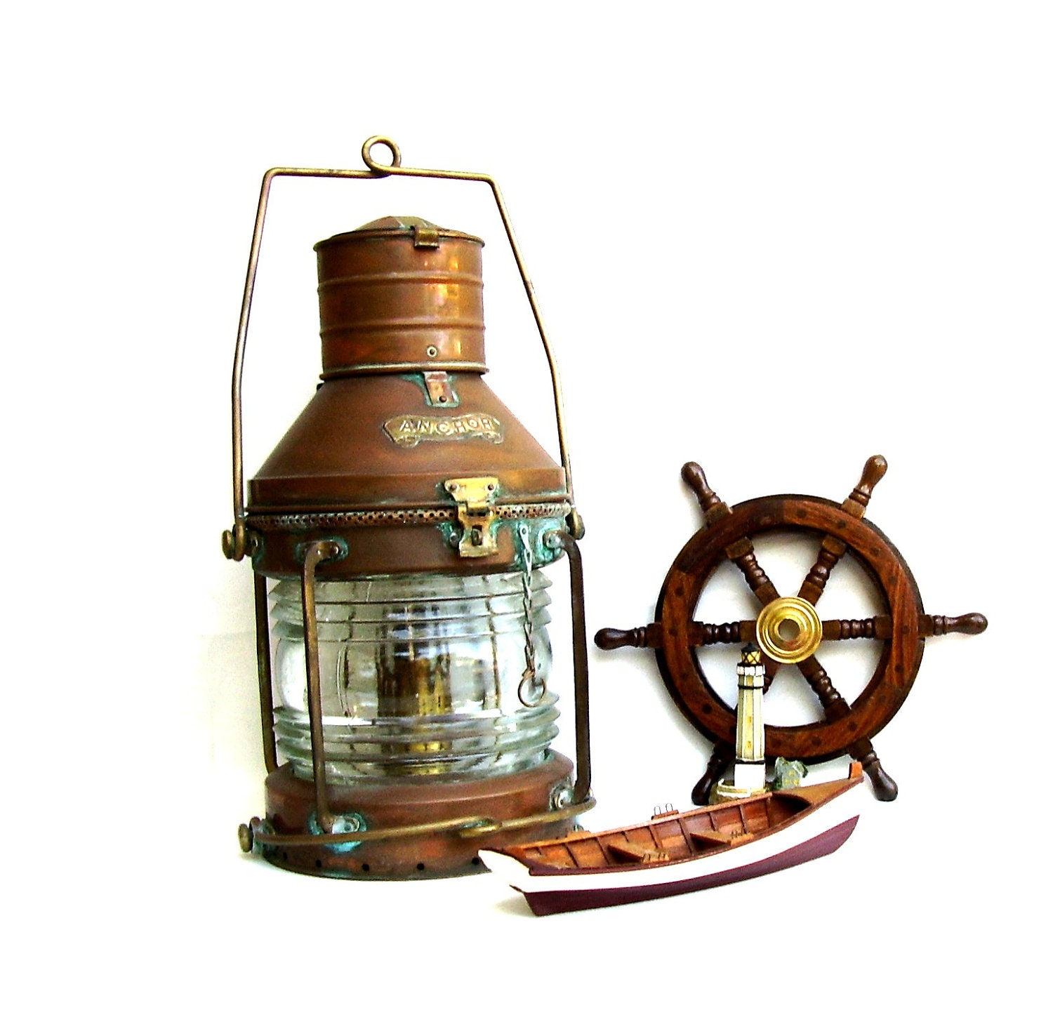 Vintage Ships Lantern Copper Anchor Oil Lamp Nautical