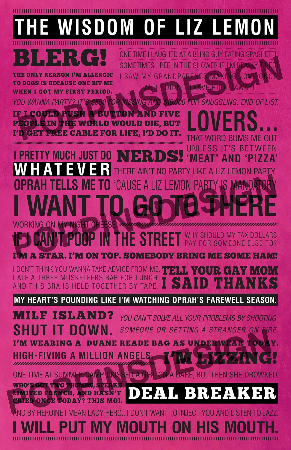 11X17 30 Rock LIZ LEMON Quotes Poster: Wisdom Of Liz Lemon Pink background