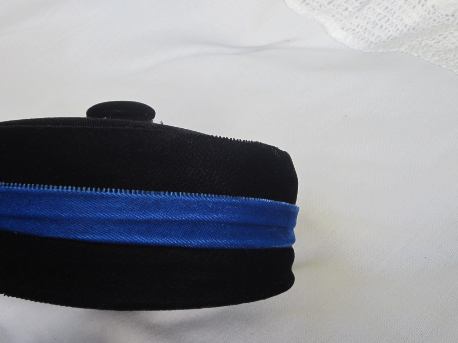 Vintage Black Velvet Pillbox Style Hat, Women's, with Royal Blue Velvet Band, Wearable Style from the 1960s