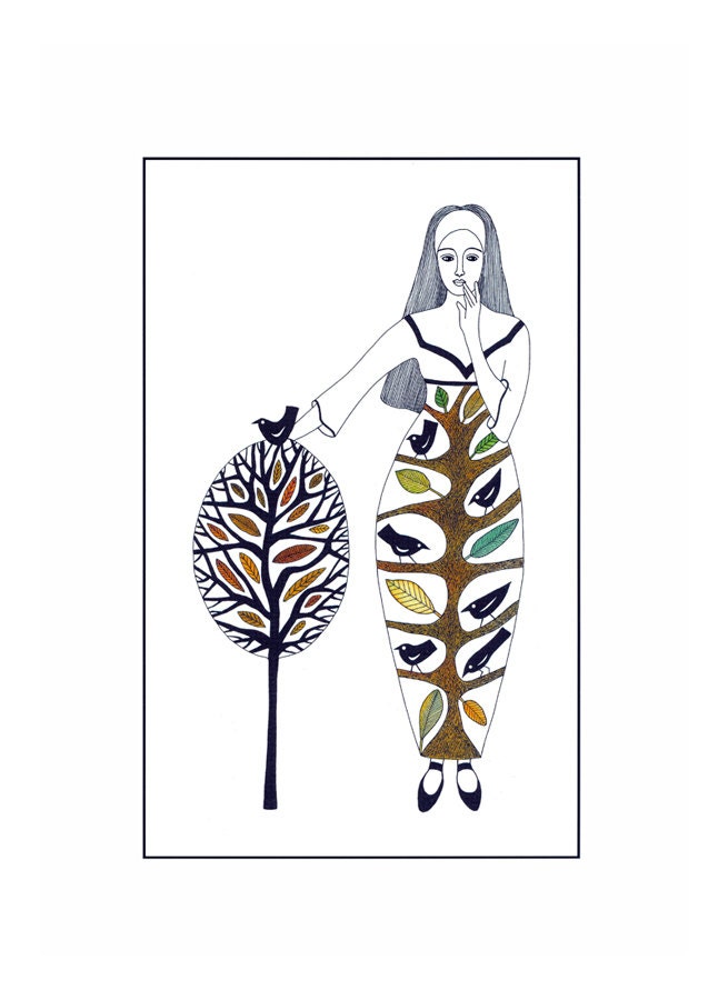 10" x 8" Art Illustration Print Ink Watercolour Drawing Woman Tree Birds Mythological Folk Art Brown Neutral Green Leaves Nature  Autumn