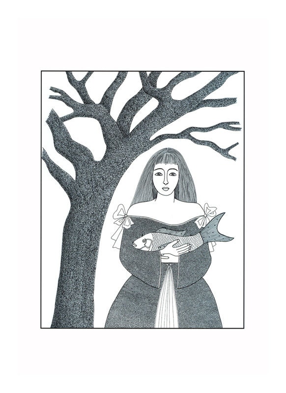Art Illustration A4 Print Black And White Drawing Woman Fish Tree Contemporary Detailed Ink Artwork Monochrome