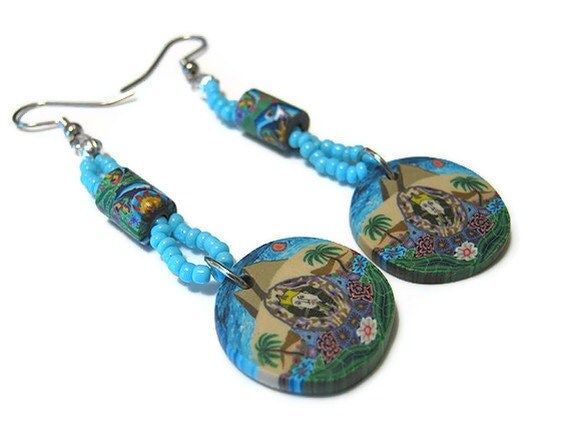 Eyptian Style King Tut and Pyramids Polymer Clay Turquoise Blue Earrings