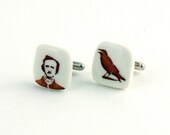 Edgard Allan Poe Silhouette Cuff Links on White Porcelain Handmade with Raven Bird Brown Poem