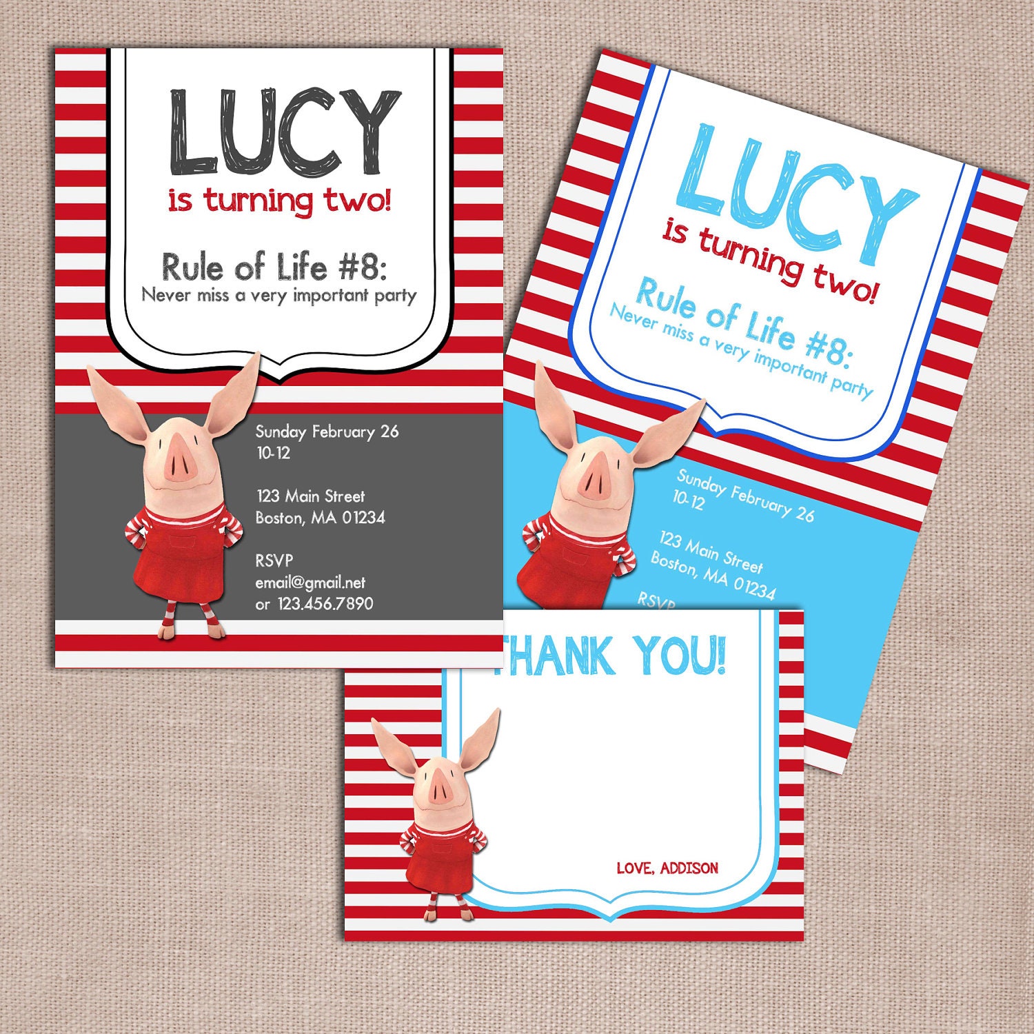 Olivia birthday invitation and thank you DIY printable