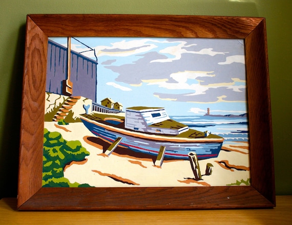 Sailboat Paint by Number in Chestnut Wooden Frame- Vibrant 1970's