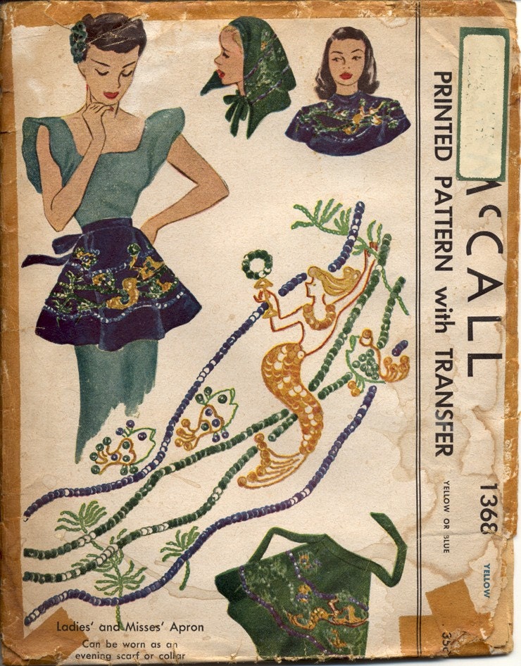 McCall 1368 Misses 1940s Mermaid Apron Pattern Evening Shawl Scarf or Collar Sequin Transfer Pattern Womens Vintage Sewing Pattern One Size