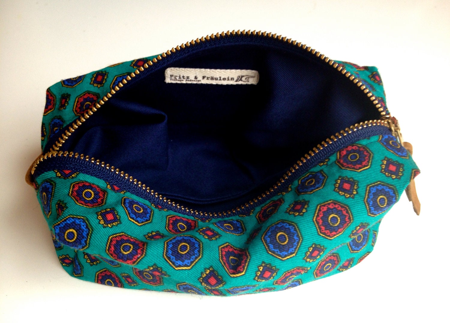 Cosmetic Bag from Vintage Dress with Leather - Small
