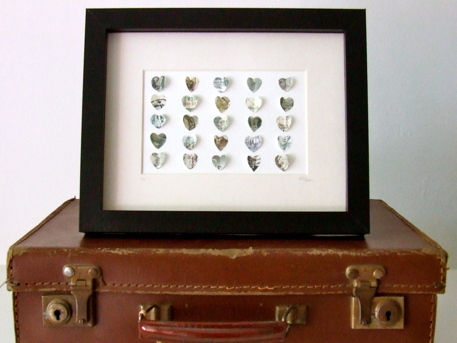 Little Postage Stamp Love Hearts in Monotone Framed.