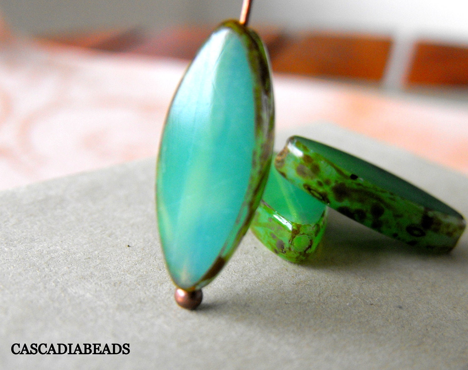Czech Glass Bead - Spindle - Green Opal - 6 - 17x8mm (cab-521)