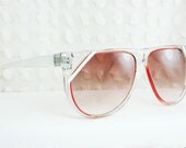 Vintage 80s Sunglasses 1970's Unique Sunglasses Oversize Clear Red White Flat Top Diagonal Browline Frame Non Rx Unisex