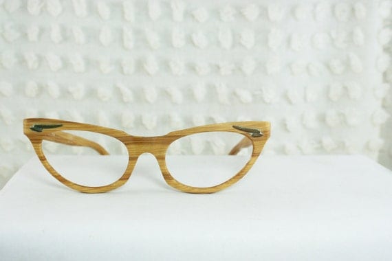 50s Wood Cat Eye Glasses 1950s Eyeglasses Natural Wooden Woodgrain 46/20 New Old Stock Optical Frame Italy