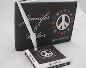 6 pc Set - Personalize Grateful Dead Wedding Guest Book, Pen Stand, Flutes Peace Sign Garters Dancing Bears Custom Made to your colors