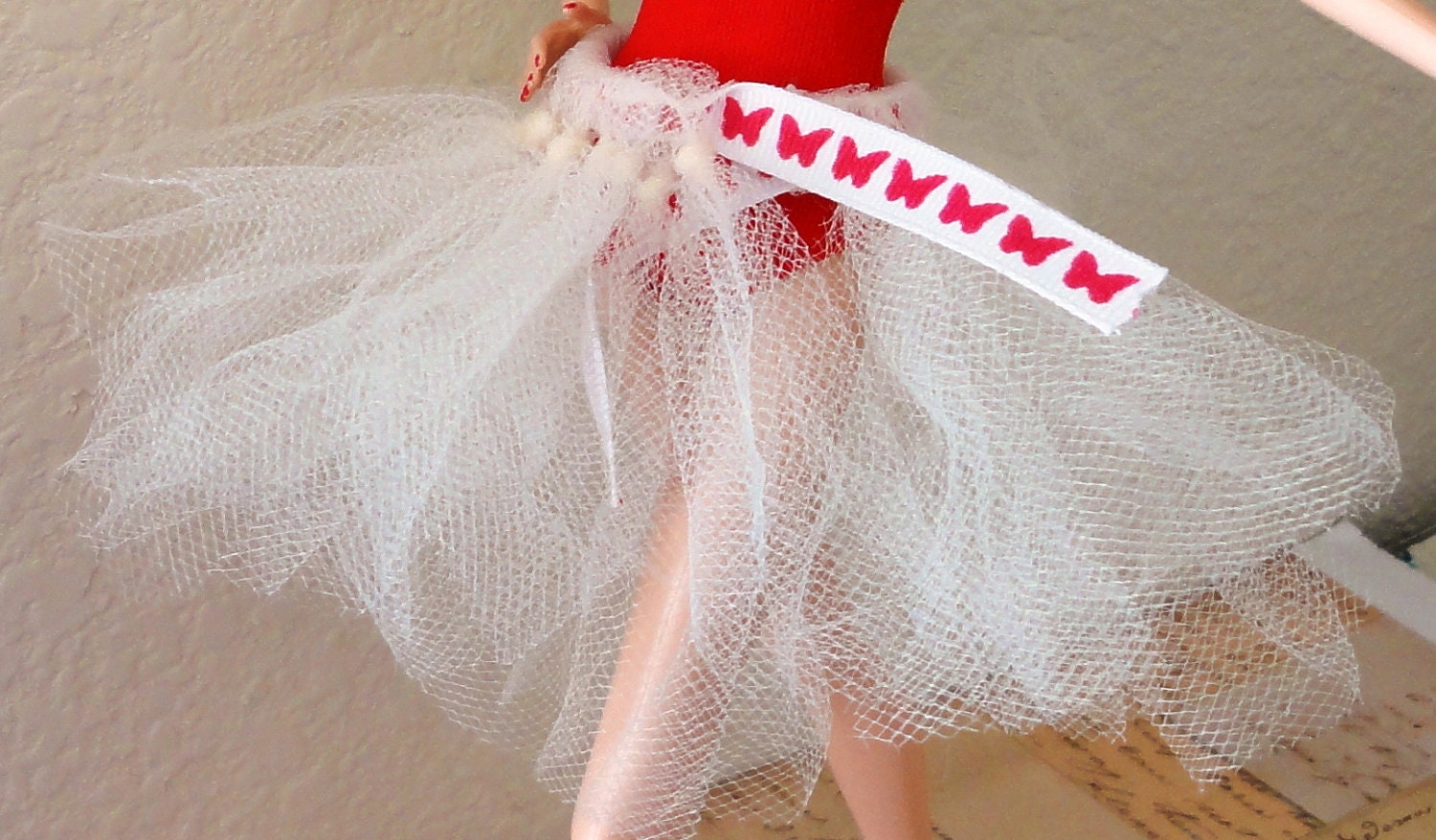 White and  Hot Pink Butterflies Barbie Doll TuTu Ribbon Tutu Doll Skirt