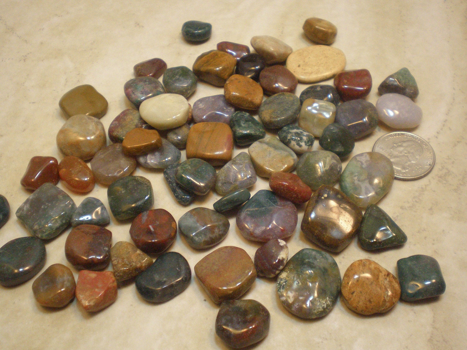 Tumbled Stones, 1 Half Pound of Green Agates, Jaspers and Bloodstone, 50 Plus Count, Good For Wire Wrapping, Jewelry Making, Mosaic Art GRPB