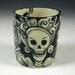 reserved pair of cups-Black and white OOAK porcelain painted cup- skeletons and lady with frog and bird cup