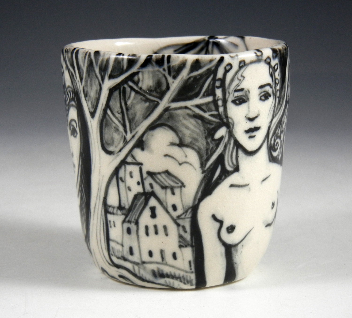 Black and white OOAK porcelain painted cup with nude lady