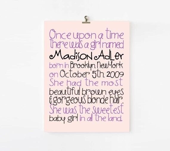 Personalized Fairy Tale Birth Announcement and Kids Wall art for Girls 8x10