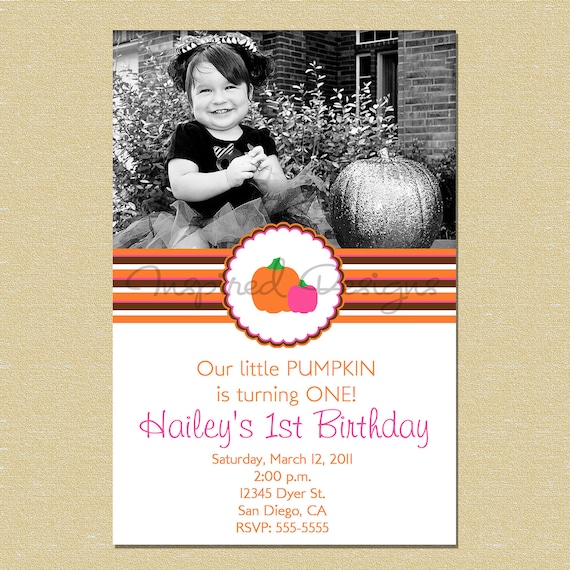 Pumpkin Pink Stripes Birthday Invitation Il_570xn