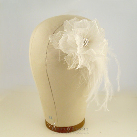 Pure Silk Wedding Fascinator, Bridal Flower Headpiece, Feather Wedding Head Piece, Wedding Hair Accessories with Swarovski Crystals Netting