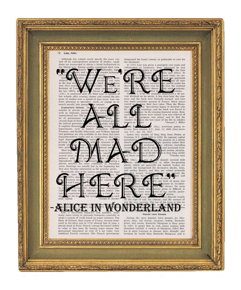 Vintage Dictionary Book Art Print- 8x10 - Alice In Wonderland Mad Here